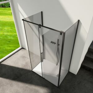 Box doccia angolare, composto da una porta scorrevole e un fianco laterale fisso da 6 millimetri. H 200 centimetri.