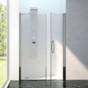 Box doccia in nicchia, composto da una porta con anta battente e anta fissa da 6 millimetri. Apertura interna ed esterna a 180°, H 200 centimetri.