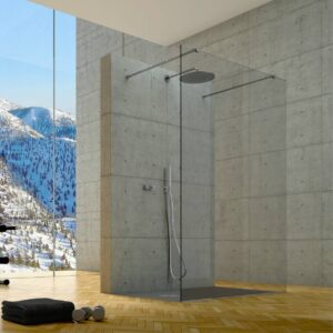 Box doccia Walk-in composto da un divisorio con bracetti di sostegno frontali a muro (8 millimetri). H 200 centimetri.