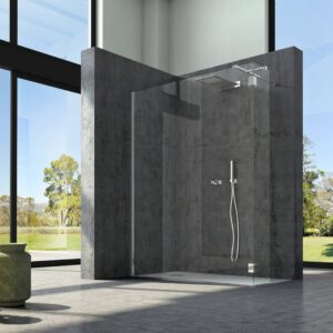 Box doccia Walk-in composto da un divisorio e un piccolo lato fisso ad angolo (8 millimetri).H 200 centimetri.