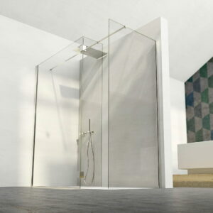 Box doccia Walk-in composto da un divisorio con fissetto e un fianco laterale ad angolo (8 millimetri). H 200 centimetri.